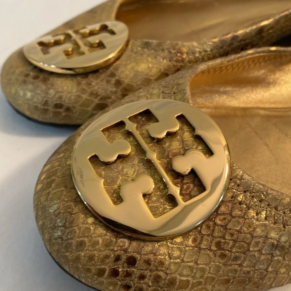 Tory Burch REVA GOLD LEATHER Medallion SNAKESKIN BALEET FLATS Size 8M VGC